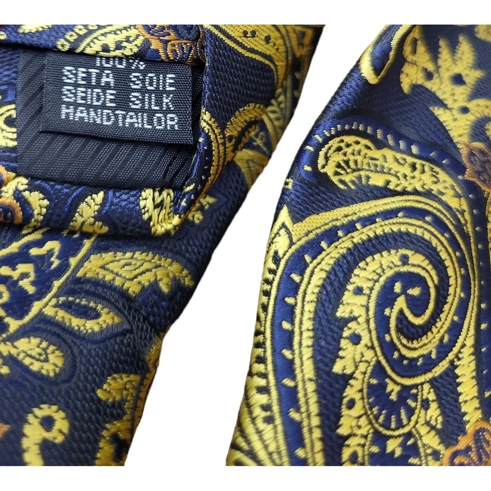 NWT Barry Wang 100%  Silk Blue Gold Floral Paisley Tie Necktie‎ Hand Tailored